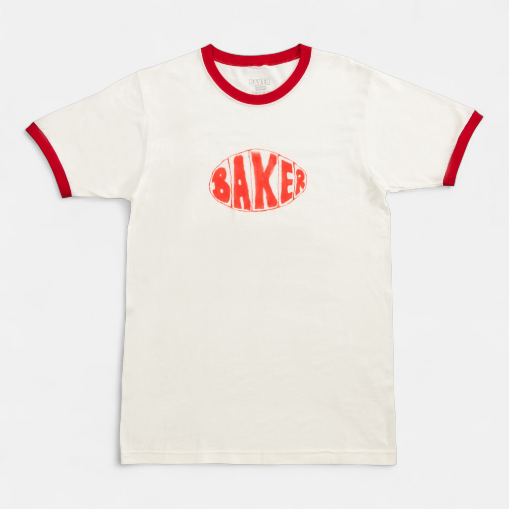 Sprayed Oval Ringer Tee White – baker skateboards